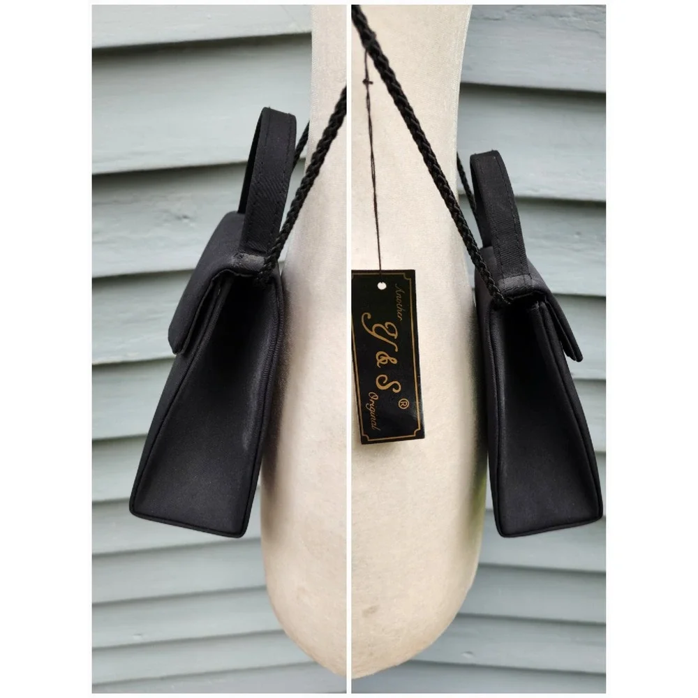 Vintage 90s J&S Original Evening Bag Black Satin‎ Crossbody Top Handle Small NWT